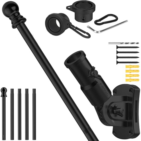 evertoco Heavy Duty T304 Stainless Steel Flag Pole Kit – 6FT Thickened Black Flagpole with 180° Adjustable Bracket & Aluminum Alloy Rings, Windproof & Rustproof for Residential/Commercial Use