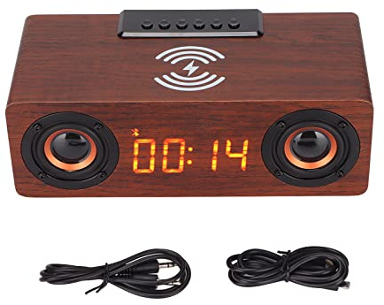 Leapiture Haut-Parleur Rétro en Bois, 10W Charge sans Fil Vintage Bois Réveil Haut-Parleur BT V5.0 Haut-Parleur Multifonctionnel Portable pour Téléphones Mobiles Tablettes(Grain de Bois Brun foncé)