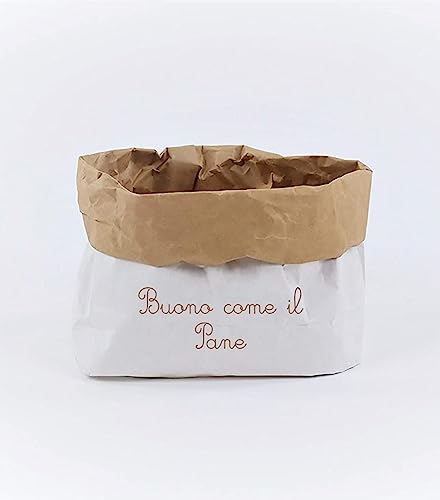D&P PACK Buono Come Il Pane, Sacchetto portapane Ecologico e Riutilizzabile più Volte, Cesto portapane in Carta Kraft ad Uso Alimentare, Cestino Porta Pane e Porta grissini Bianco/Avana, 30+11x18