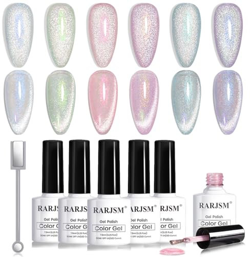 RARJSM Aurora Mermaid Cat Eye Gel Nail Polish Set 6 Colors Silver Purple Pink Green Blue Galaxy Star Velvet Cloud Ice Jelly Gel Polish with Magnet Stick UV LED Curing Requires Soak Off Home Salon