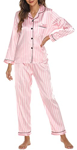 Loalirando Set pigiama da donna, 2 pezzi, in raso, abbigliamento da notte chic elegante, Rosa a righe D, S