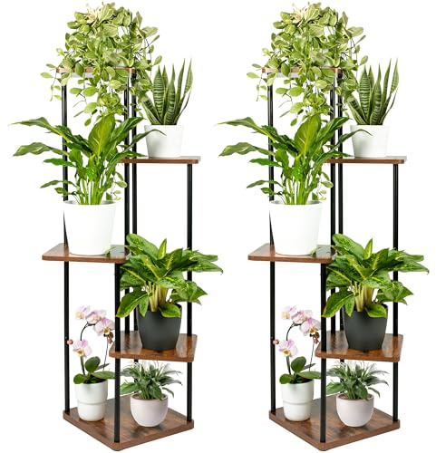 TTL HOME Blumenständer TOWER 2er Set - 5 Etagen 105 cm hoch Pflanzenständer | - Design Holz Eiche & Metall schwarz innen Deko für Wohnzimmer Blumen Ständer & Regal Pflanzenregal Blumenregal Blumentreppe