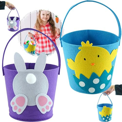 2Pcs Easter Felt Hunt Baskets, Reusable Bunny & Chick Egg Hunt Buckets with Handles for Treats, Candy & Gifts. Perfect Easter Party Decorations & Favor Fillers, Size 25.5cm