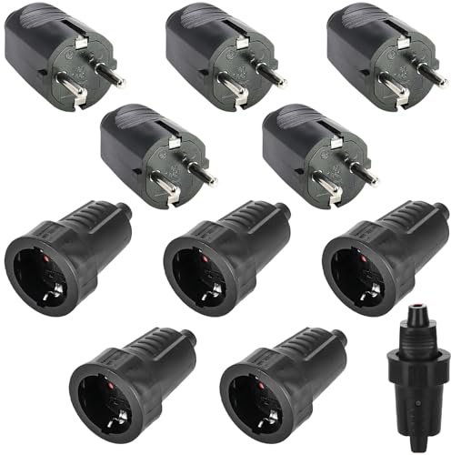Lot de 5 paires de fiches Schuko : 250 V 16 A IP54 - En caoutchouc - Avec contact de protection - 2 broches - Extérieur étanche - Noir - Fiche Schuko et raccord en caoutchouc sans câble