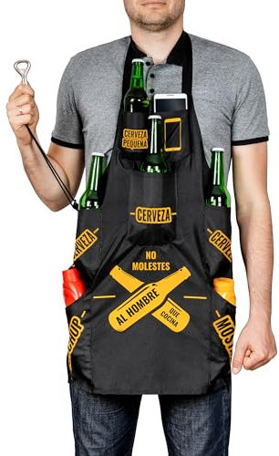 Froster Delantal Barbacoa Hombre, Delantal Cocina Hombre Divertido, Impermeable, 7 Bolsillos para Cerveza, Regalo Padre, Hermano, Marido, Amigo