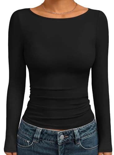 Trendy Queen Women's Boat Neck Tops Long Sleeve Shirts Casual Fitted Tee Shirts Solid Color Fall Basic Clothes 2026 Black S