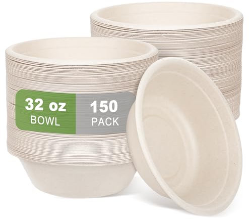 ALEXPRE Large Disposable Paper Bowls-32oz for Hot Soup,150 Pack Eco-Friendly, Compostable Bagasse Disposable Heavy Duty Biodegradable Bowls Bulk for Hot Food, Salad, Milk Cereals