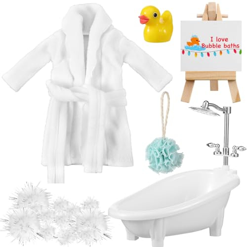 Outus 7 Pcs Christmas Doll Accessories Kit Holiday Doll Bath Clothes Set Include Yellow Bathrobe Bathtub Bath Ball Duck Bubble Card Display Stand for Christmas DIY Activity
