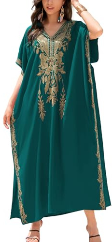 YOUKD Broderad blommig kaftan boho strandklänning bikini långa filtar badrockar för kvinnor, B grön, One size
