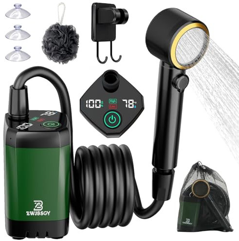 ZWJBSGY Portable Shower for Camping, 7800mAh Camping Shower Pumps with 190mins Long-Runtime, Smart Intelligent LED Display and 4 Spray Modes Outdoor Camp Shower Kit or Camping, Hiking, Traveling, Pet