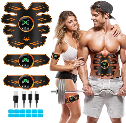 LEMENG ABS Trainer Muscle Stimulator, EMS Muscle Stimulator fitness electric stimulators, Abdominal Muscle Stimulator for Men and Women, ABS Stimulator for/Waist/Leg/Arm, 8 Modes 19 Intensities