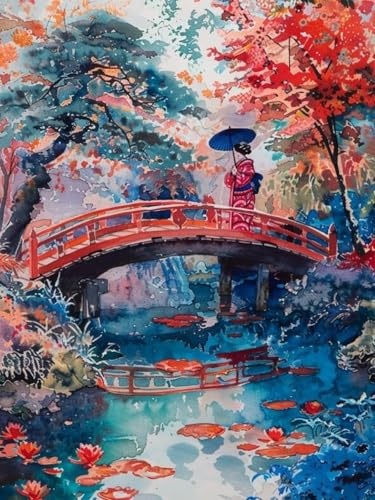 AYAOYANGGO 11CT Kreuzstich Set Stickset Japanische Brückenlandschaft，Kreuzstich-Set Mit Aquarelllandschaft Für Erwachsene，Mit Nadeln，Schereneinfädler，Vordruck Für Die Wanddekoration Zu Hause 40x50cm