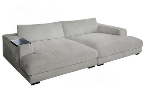 KAWOLA Big Sofa Megasofa Couch XXL Sofa Madeline Holztablett für Armlehne Cord Hellgrau | Wohnmöbel Groß & Modern