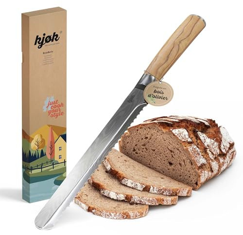 kjøk Premium Coltello Tagliapane con manico ergonomico in legno d’ulivo - Coltello da pane con lama da 20 cm seghettato in acciaio (5cr) durezza 56±2 HRC - Coltelli lungo per panettone
