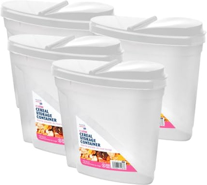 HOMESHOPA 4 Litre Cereal Storage Container, 4 Pack Plastic Dry Food Dispenser, Airtight Flip-Top Lids Box, Easy Pour Spout Canisters, Kitchen Pantry Organiser, Ideal for Cereal, Rice, Pasta & More