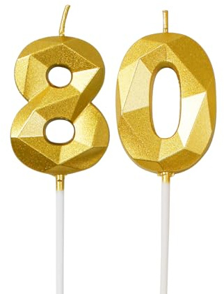 80th Birthday Candles, Gold Number 80 Candle, Cake Topper Decorations for Birthday Party, Wedding, and Anniversary Celebration Supplies