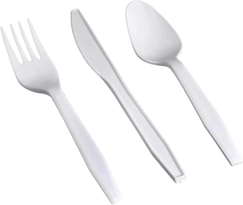 Shefa 300 Premium White Reusable Set - 100 Spoon, 100 Fork, 100 Knife - Reusable & Washable, Heavy Duty Cutlery, 6 Long Tablespoon - Ideal for Birthday, Parties, Camping, Catering
