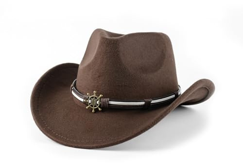 XURUIAU Classic Rolled Brim Belted Cowboy Hat, Great for Cowboy Hat Outfit Accessories for Men and Women, Coffee