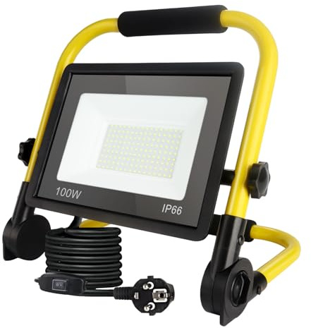 LED-bygglampa, 100 W, bärbar arbet, ultraljus, färgtemperatur 6 000 K, vattentät IP66, EU-kontakt med 3,5 m kabel och strömbrytare, lämplig för verkstad, garage, trädgård