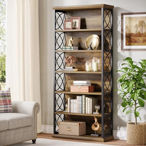 Tribesigns Bücherregal, 185cm Hohes Standregal, 6-stöckiges Industrie Etagere Bücherregal Holz, offenes Ausstellungsregal mit Metallrahmen für Wohnzimmer, Heimbüro, Industrie-Design, vintagebraun