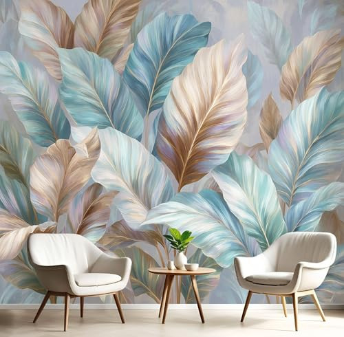 DLERFLOVR Papier Peint Soie Feuilles De Bananier Rétro 200x140cm Papier Peint Panoramique Feuilles Tropicales XXL Tableaux Décoration Murale pour Salon, Chambre, Décor Fond TV - Bleu-Brun