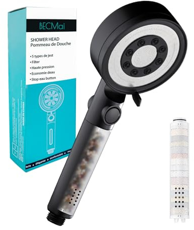 BECMai Soffione doccia con ad alta pressione soffione doccia a risparmio idrico Anti calcare, Shower Head for Hard Water, doccetta doccia con funzione stop, 5 modalità, nero