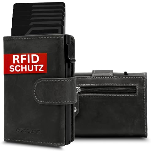 Cocoono Geldbörse Herren, Slim Wallet Geldbeutel mit Münzfach & RFID Schutz, Leder Portmonee, 10 Fächer für Kreditkarten, Kartenetui Herren (Hunter-Leder, Schwarz)
