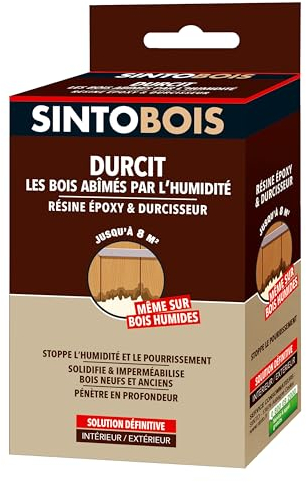 SINTOBOIS - Durcit le bois abîmé par l'humidité - Résine époxy & durcisseur - Arrête l'humidité et la pourriture - Renforce & imprègne le bois - Pénètre en profondeur - Intérieur & extérieur