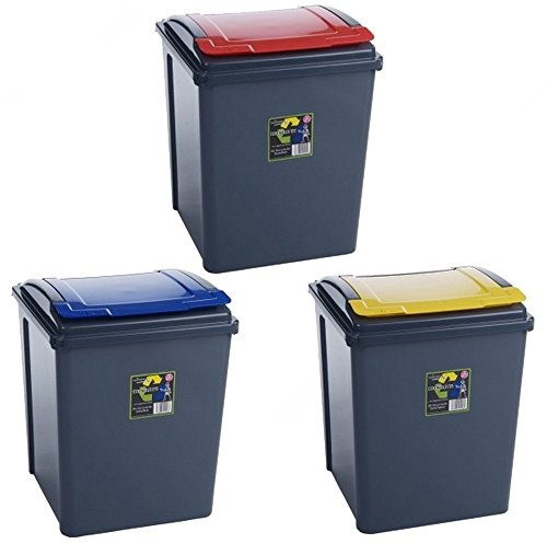 Pack of 3 Recycling Bins 50L 50 Litre Plastic Recycle Dust Bin Kitchen Garden (Red/Yellow/Blue)