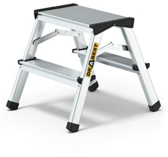Drabest Scala a 4 Gradini in Alluminio Bifacciale per Uso Domestico - Portata 125kg - Scala a Pioli con Piattaforma da Lavoro - Scala Multiuso - Scala a 4 Gradini - 44x86,5x16cm