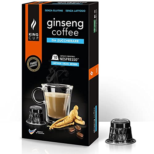 King Cup - 1 Paquet de 10 Capsules de Ginseng Sans Sucre, 10 Capsules 100% Compatible avec le Système Nespresso de Boisson Aromatisée Ginseng, Sans Gluten et Sans Lactose