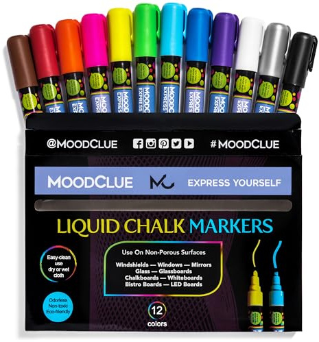 MoodClue Liquid chalk markers 12 neon erasable Whiteboards, glass boards, chalkboards, windows, mirrors, car windshields, auto, glass. Odorless, non-toxic. Wet or dry erase. Thick and thin tip