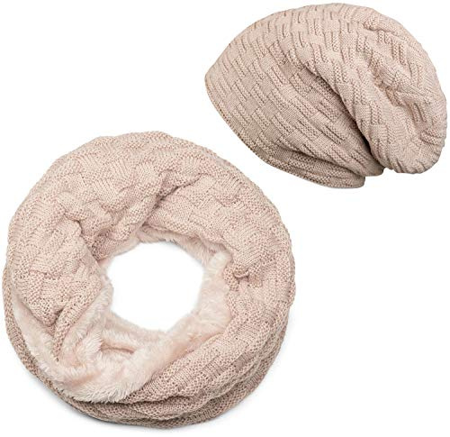 styleBREAKER Stickad loop halsduk och beanie mössa set med flätmönster, fleece foder, vinter, unisex 01018211, Beige, En Storlek