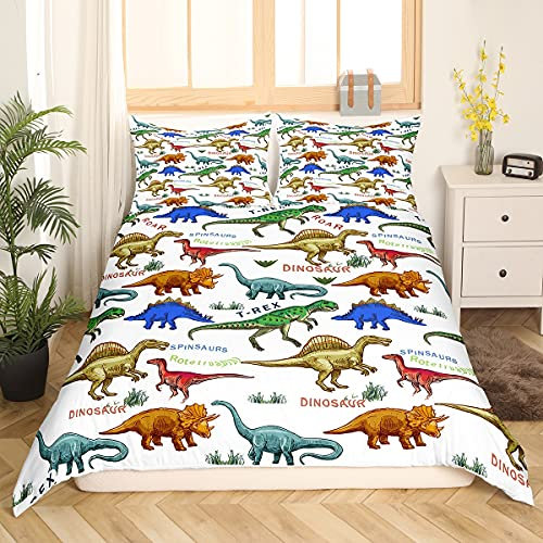 Loussiesd Juego de ropa de cama con diseño de dinosaurios, diseño de animales de dibujos animados, con 2 fundas de almohada de microfibra para niños, con cremallera, 3 piezas