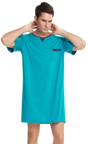 Enjoyoself Pijama de algodón para Hombre, Suave, Transpirable, Longitud hasta la Rodilla, Camisa de Noche de Manga Corta, Ropa de Dormir para Descansar, Tipo 3-Azul, XL