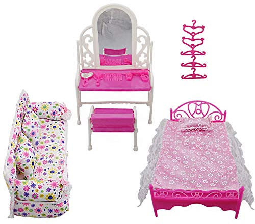 Yudanny 8 Pezzi/Set Accessori per Mobili Principessa Set Comò Regalo + Set Divano + Set Letto + Grucce per Camera da Letto Bambola Barbie