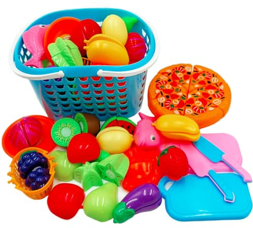 NIWWIN Set Giocattolo Cucina Bambini con Cesto Portagiochi - 27 Pezzi Frutta e Verdura Tagliabile Inclusa Pizza da Taglio, Coltelli di Legno Finto e Alimenti Educativi per Bambini 3+ Anni