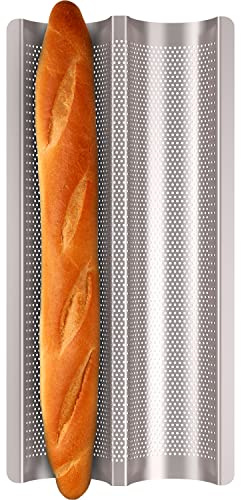 Fulimax Baguette Pan French Bread Pans For Baking Pans, Nonstick 2 Slots Perforated Italian Loaf Pan Mold Long French Bread Pan Golden