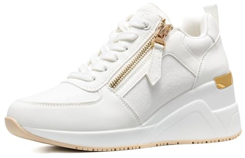 ANJOUFEMME Sneaker mit Keilabsatz - Damen Plateau Sneaker, Weiß, W139-FN-DE-WHITE-38