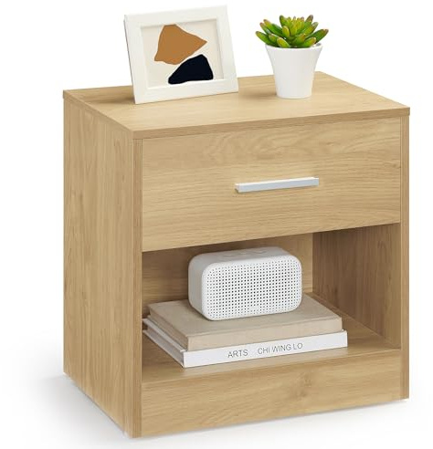 VASAGLE Nachttisch, Beistelltisch, mit Schublade, Griff, offenes Fach | Couchtisch, für Schlafzimmer, Wohnzimmer, Natürliche Eiche, CUSTOS Kollektion LET619Y70