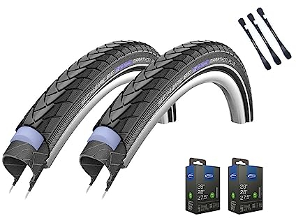 2er Set Reifen Marathon Plus 28 Zoll (47-622) Reflex auswählbar mit Schläuchen + 3 MSZweirad Metall Reifenheber E Bike (28x1,75 (47-622), AV Schläuche)