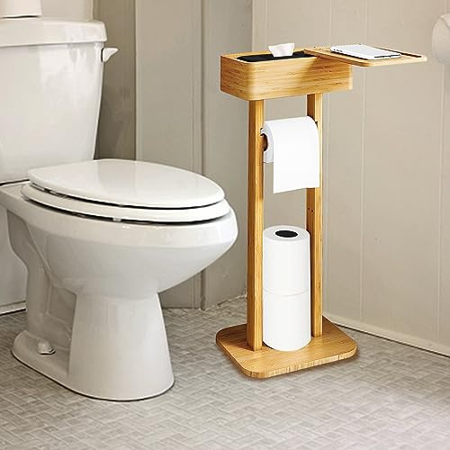 Treesunshine Porte Papier Toilette sur Pied en Bambou avec Rangement et Boîte à Lingettes Humides