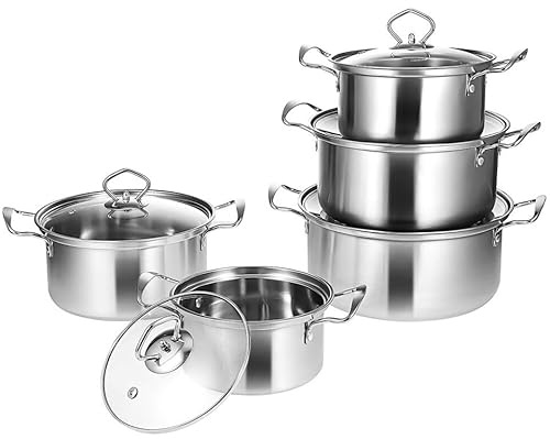 5 Set Stainless Steel Induction Pot with Glass Lid,Suitable for Induction, Vitality, Cooking Pot Compatible with All Heat Sources