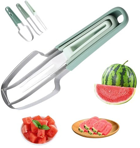 Cortador de Sandia,Cortador de Sandía de Acero Inoxidable,Cortador de Frutas 3 en 1,Cortadora De MelóN,Watermelon Slicer Fork Set,Juego de Herramientas para Frutas,for Kitchen Gadgets
