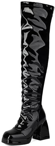 Diuniarza Damen Square Toe Plateau Overknees Boot Blockabsatz Lack Warm Overknees Stiefel Party Mode Abend Schwarz Gr 46 EU/48 Asiatisch