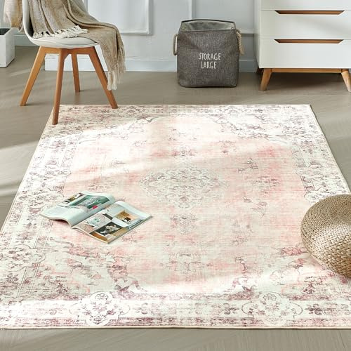 Xfrog maskintvättbar matta vintage område matta för vardagsrum halkfri traditionell matta matta för kontor kök middag ljusrosa 120 x 170 cm