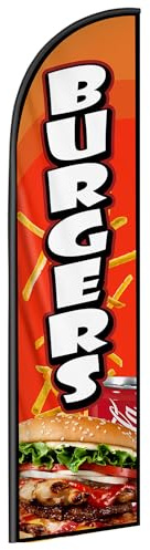 Burgers Feather Flag Banner - 11.5x2.5 Ft Advertising Swooper Flag for Outdoor Business and Events Promotion - Burgers Signs Windless Full Sleeve Banner for Restaurants, Diners, Markets (Only Flag)