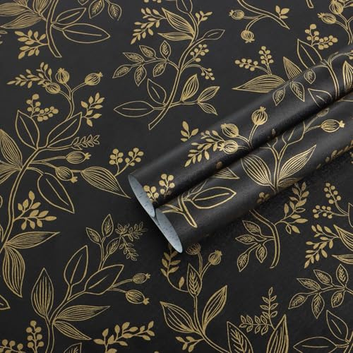 Fiula Selbstklebende Tapete Klebefolie Möbel Blätter 44CM×3M Möbelfolie Selbstklebend Blumentapete Schwarz Gold Vintage Tapeten Dekorfolie Vinyl Wohnzimmer Wasserdicht Früchte Wallpaper