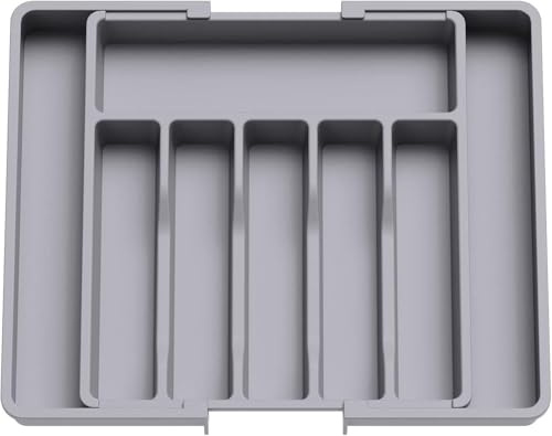 VIVAAS Expandable Cutlery Drawer Organiser Plastic Kitchen Drawer Organiser Cutlery Tray Utensil Tray Adjustable Silverware and Flatware Holder Plastic Storage for Spoons Forks Knives (Grey)