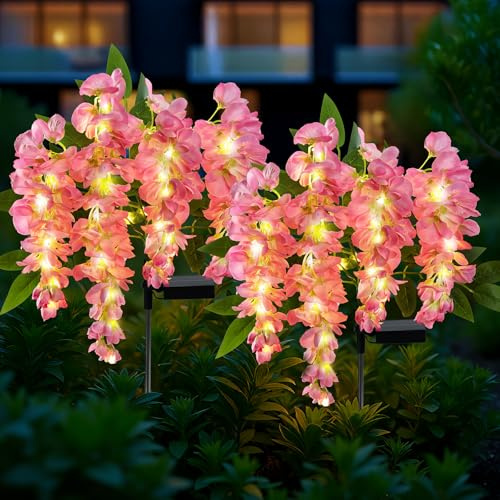 FWLWTWSS Solar Flower Lights Outdoor Garden, Wisteria Garden Ornaments Outdoor, 2 Packs Flower Solar Lights with 104 LEDs, Waterproof, for Yard Lawn Patio Porch Pathway Cemetery Decorations (Pink)